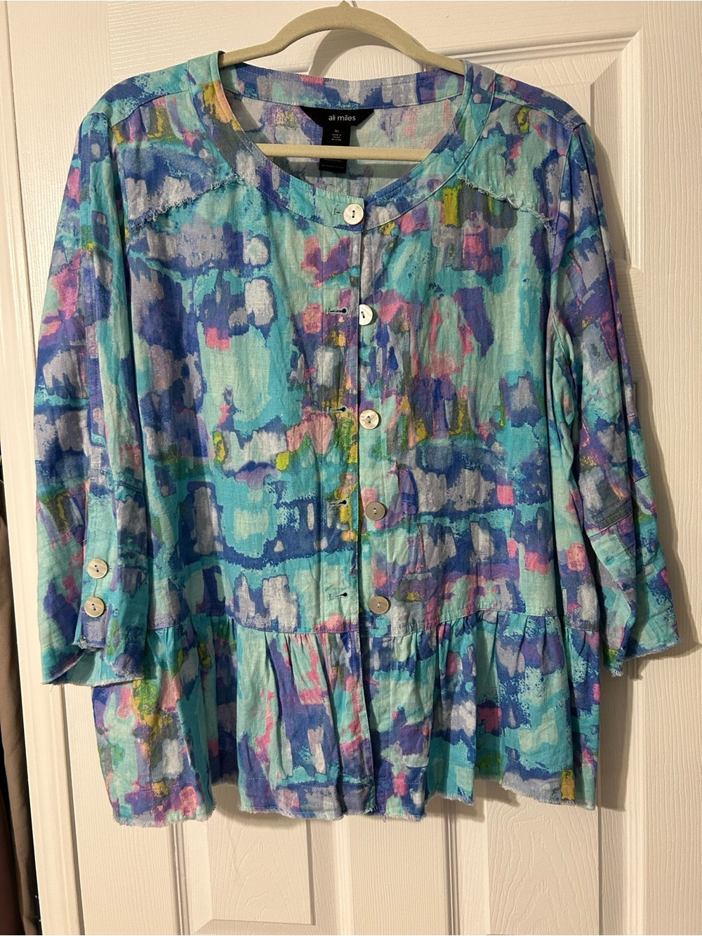 Ali Miles Turquoise Abstract Button-Front Peplum Top with Multicolor Accents